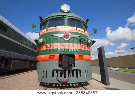 Saint Petersburg, Russia - August 16, 2018: Front Part Of The Soviet Electric Train Er2 Close-up. Th