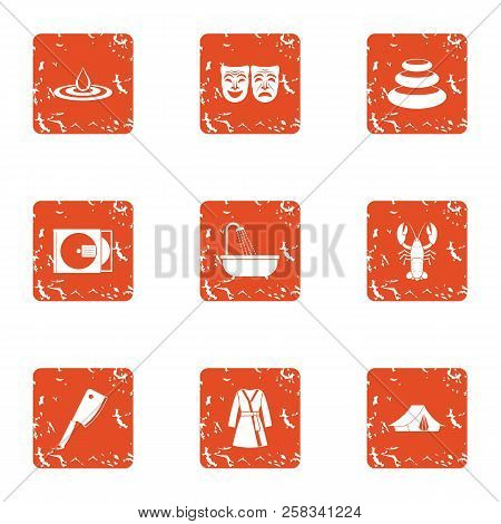Tragic Role Icons Set. Grunge Set Of 9 Tragic Role Icons For Web Isolated On White Background