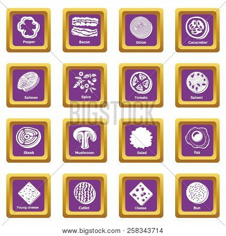 Slice Food Icons Set Purple Square Isolated On White Background