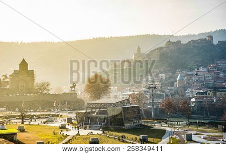Georgia - Tbilisi. View To The Most Famous Park And Peace Bridge In Tbilisi, Downtown In Wintertime 