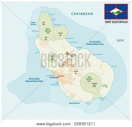 Sint Eustatius Road And National Park Map With Flagai.