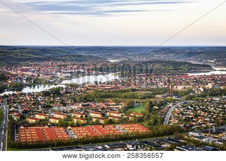 Silkeborg City In Denmark Seen From Above With Buildings And Rivers