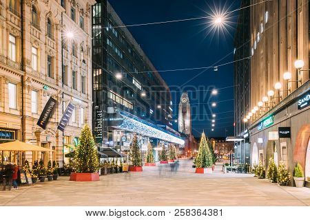 Helsinki, Finland - December 6, 2016: Night View Of Keskuskatu Street In Evening Christmas New Year 