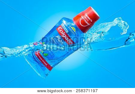 Minsk, Belarus - September 13, 2018: Advertising Colgate Plax Rinse Mouth Ads Water Waves, Splash