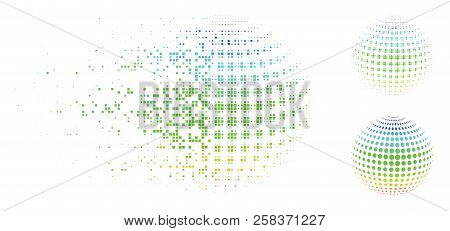 Dotted Sphere Surface Abstraction Icon In Fractured, Pixelated Halftone And Entire Versions. Particl