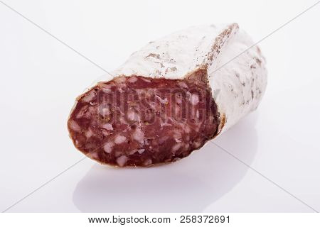 Saucisson Sec Delicious French Salami On A White Background