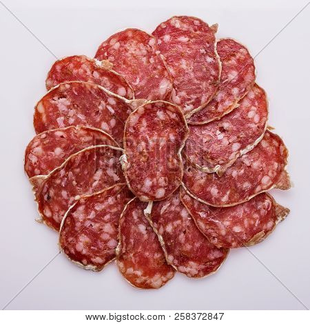 Saucisson Sec Delicious French Salami On A White Background