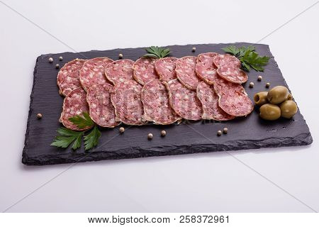 Saucisson Sec Delicious French Salami On A White Background