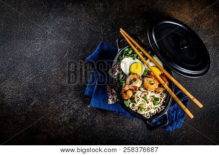 Traditional Asian Food, Ramen Soup With Shrimp, Noodles, Spring Onion, Sliced Eggs, Mushrooms, On Da