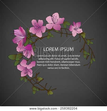 Round Frame Of Hand Sketched Of Rhododendron Ledebour On Black Background. Vector Illustration Of Pi