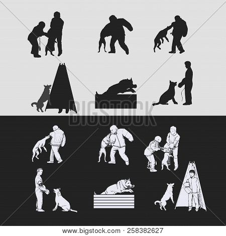 Dog Sport Silhouettes Isolated.  Schutzhund Training Silhouettes And Hand Drawn Figures.