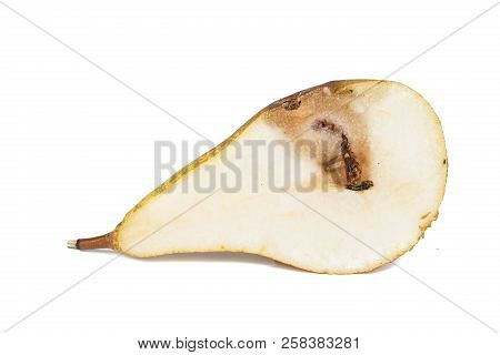 Close-up Boring Trace Of A Codling Moth Cydia Pomonella, In A Half Middle Wormy Pear. On White Backg