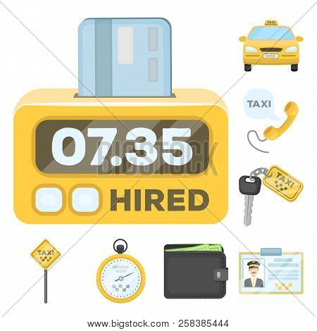 Taxi Service Cartoon Icons In Set Collection For Design. Taxi Driver And Transport Vector Symbol Sto