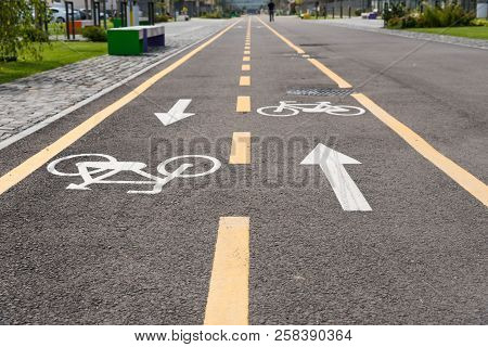 Bicycle Path Close Up Shot On New Residentual Quarter On A Bright Sunny Day.