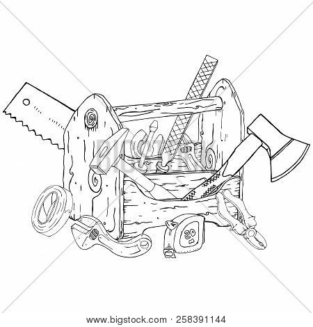 Wooden Box With A Set Of Tools. Vector Illustration Of A Set Of Tools. Hand Drawn Box With A Set Of 