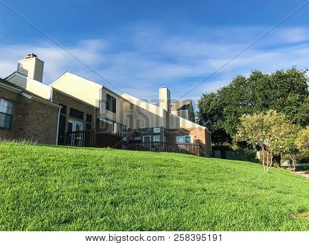 Grassy Lawn Backyard Of Townhouse Complex In Suburban Dfw, Texas, America