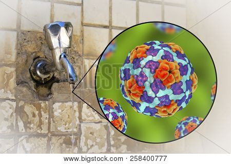 Safety Of Drinking Water Concept, 3d Illustration Showing Hepatitis A Viruses Contaminating Drinking