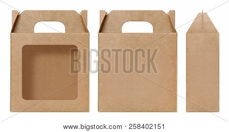 Box Brown Window Shape Cut Out Packaging Template, Empty Kraft Box Cardboard Isolated White Backgrou