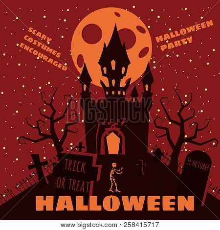 Halloween Background With Semetery And Sceleton, Haunted Castle, House And Full Moon. Poster, Flyer 