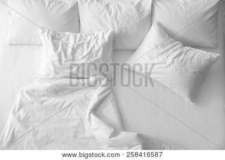 Soft Pillows On Comfortable Bed, Top View