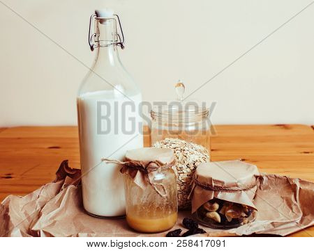 Real Comfort Wooden Kitchen With Breakfast Ingredients Close Up