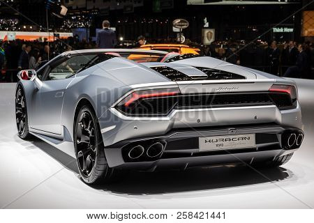 Frankfurt, Germany - Sep 13, 2017: Lamborghini Huracan Rwd Spyder Sports Car Showcased At The Frankf