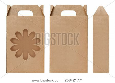 Box Brown Window Flower Shape Cut Out Packaging Template, Empty Kraft Box Cardboard Isolated White B