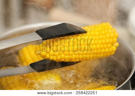 Taking Corn Cob From Stewpot With Boiling Water, Closeup