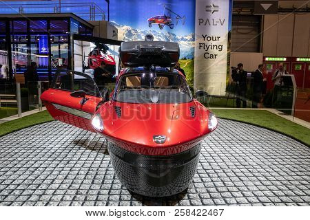 Geneva, Switzerland - March 6, 2018: Pal-v Liberty Flying Car Makes Public Debut At The 88th Geneva 