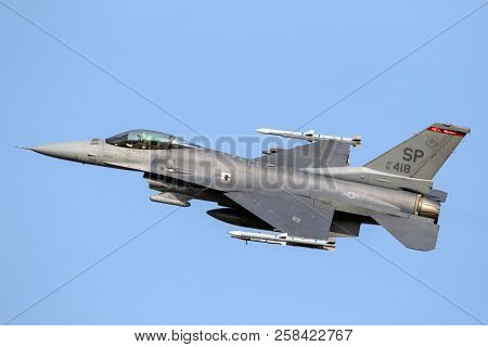 Spangdahlem, Germany - 29 Aug, 2018: Us Air Force F-16c Fighter Jet Plane From 480th Fighter Squadro