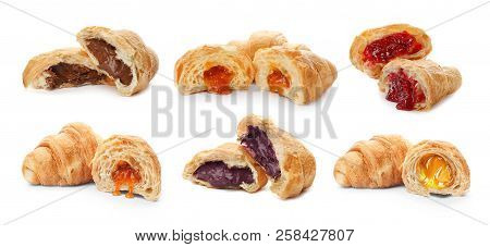 Set With Fresh Tasty Croissants And Different Fillings On White Background