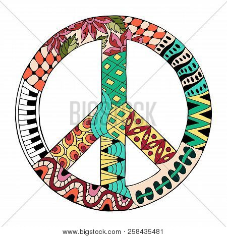 Hippie Vintage Peace Symbol In Zentangle Style For Adult Anti Stress. Coloring Page With High Detail