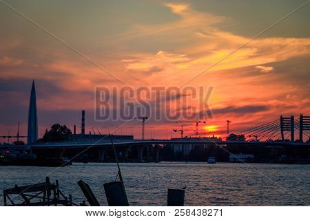 Whsd Bridge In St. Petersburg In The Evening At Sunset. High-speed Bypass Toll Road. Petersburg Brid