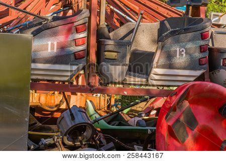 Seoul, South Korea; September 8, 2018; Old Used Rides And Spare Parts Of Bankrupt Amusement Park Sit