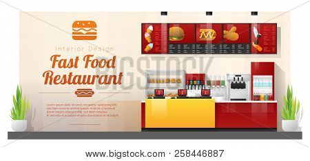 Interior Background With Modern Fast Food Restaurant Counter , Vector , Illustration