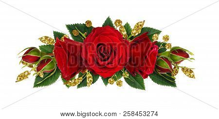 Red Rose Flowers And Glitter Decotations In Floral Line Arrangement Isolated On White Background. Fl