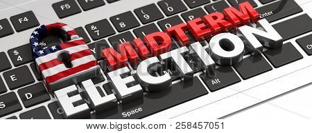 American Flag Padlock And Midterm Elections On Computer Keyboard, Banner, 3D Illustration.