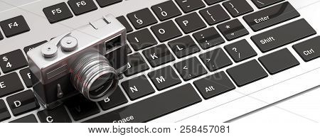 Retro Camera, On Computer, Banner, 3D Illustration.