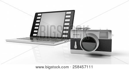 Retro Camera, Mobile, Tablet, Laptop, White Background, 3D Illustration.