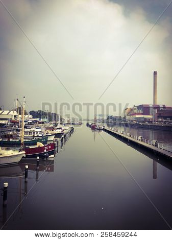 Brussels, Belgium, September 10th, 2018 : Boats and yachts in marina of Brussels view from the terrace of the Brussels Royal Yacht Club