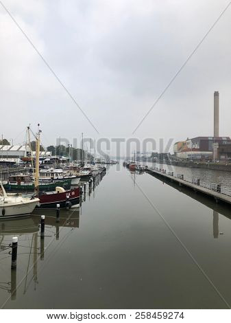 Brussels, Belgium, September 10th, 2018 : Boats and yachts in marina of Brussels view from the terrace of the Brussels Royal Yacht Club