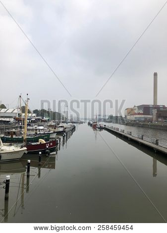 Brussels, Belgium, September 10th, 2018 : Boats and yachts in marina of Brussels view from the terrace of the Brussels Royal Yacht Club