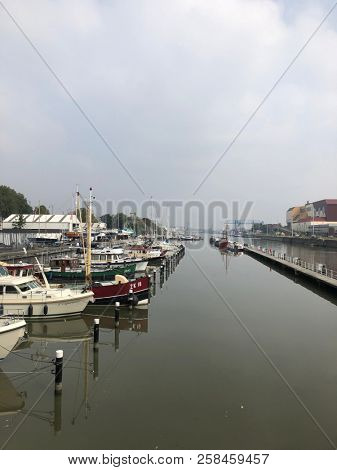 Brussels, Belgium, September 10th, 2018 : Boats and yachts in marina of Brussels view from the terrace of the Brussels Royal Yacht Club
