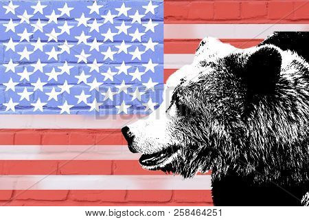 Bear On The Background Of The American Flag On A Brick Wall.
