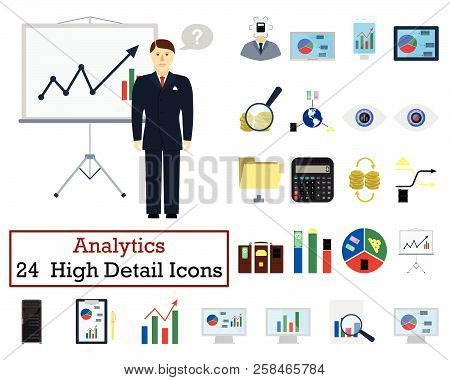 Set Of 24  Analytics  Icons. Flat Color Design. Vector Illustration.