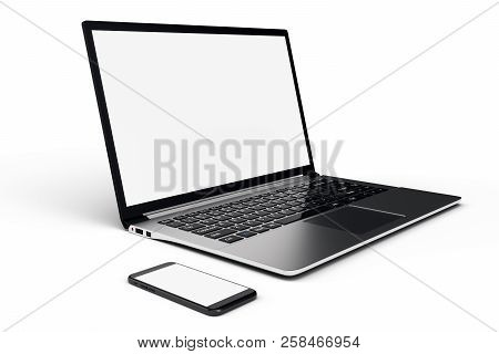 3d Illustration Desktop Computer Blank Mock Up. Glossy Laptop Computer Mock Up. Modern Computer Mock
