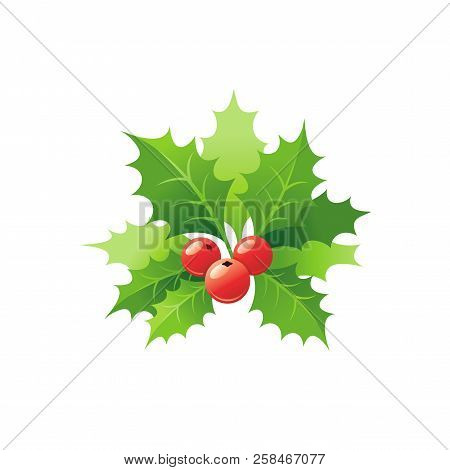 Vector Illustration Of 3d Realistic Xmas Symbol. Cute Holly Branch With Red Berry, Leabes. Merry Chr