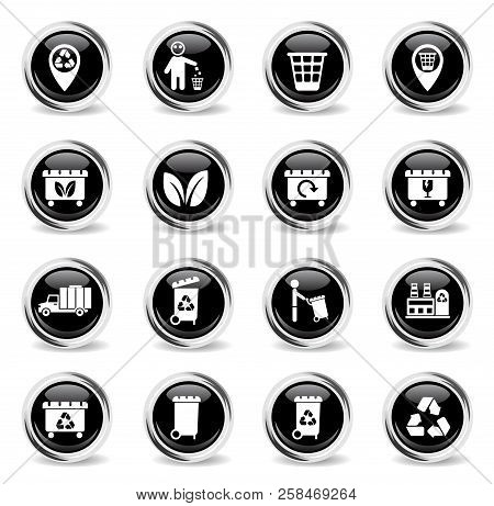 Garbage Vector Icons - Black Round Chrome Buttons