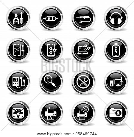 Electronics Repair Web Icons - Black Round Chrome Buttons