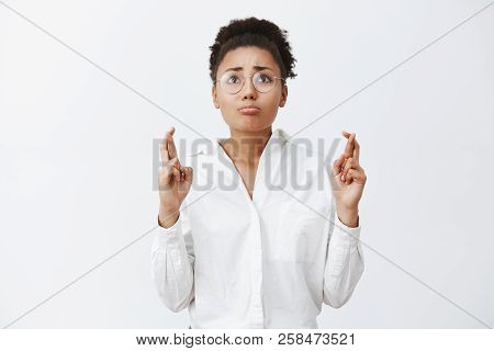 Woman Beggs God For Dream Come True. Portrait Of Nervous Begging Upset Female In Glasses And White S